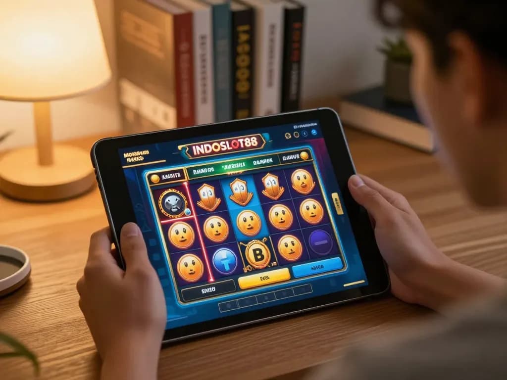 Playing with program bonus member baru INDOSLOT88 on a tablet while enjoying home gaming.