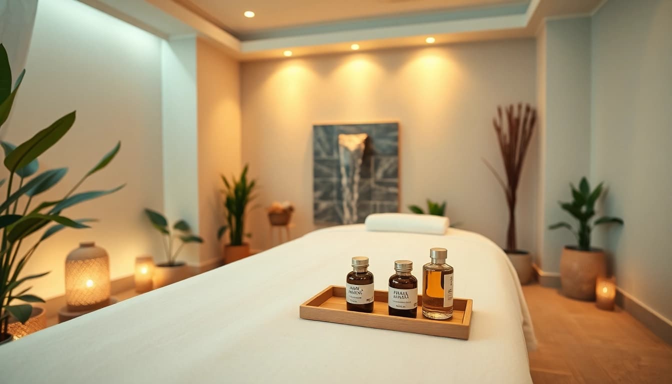 Relaxing atmosphere of 수원출장마사지 service spa room with massage table and essential oils