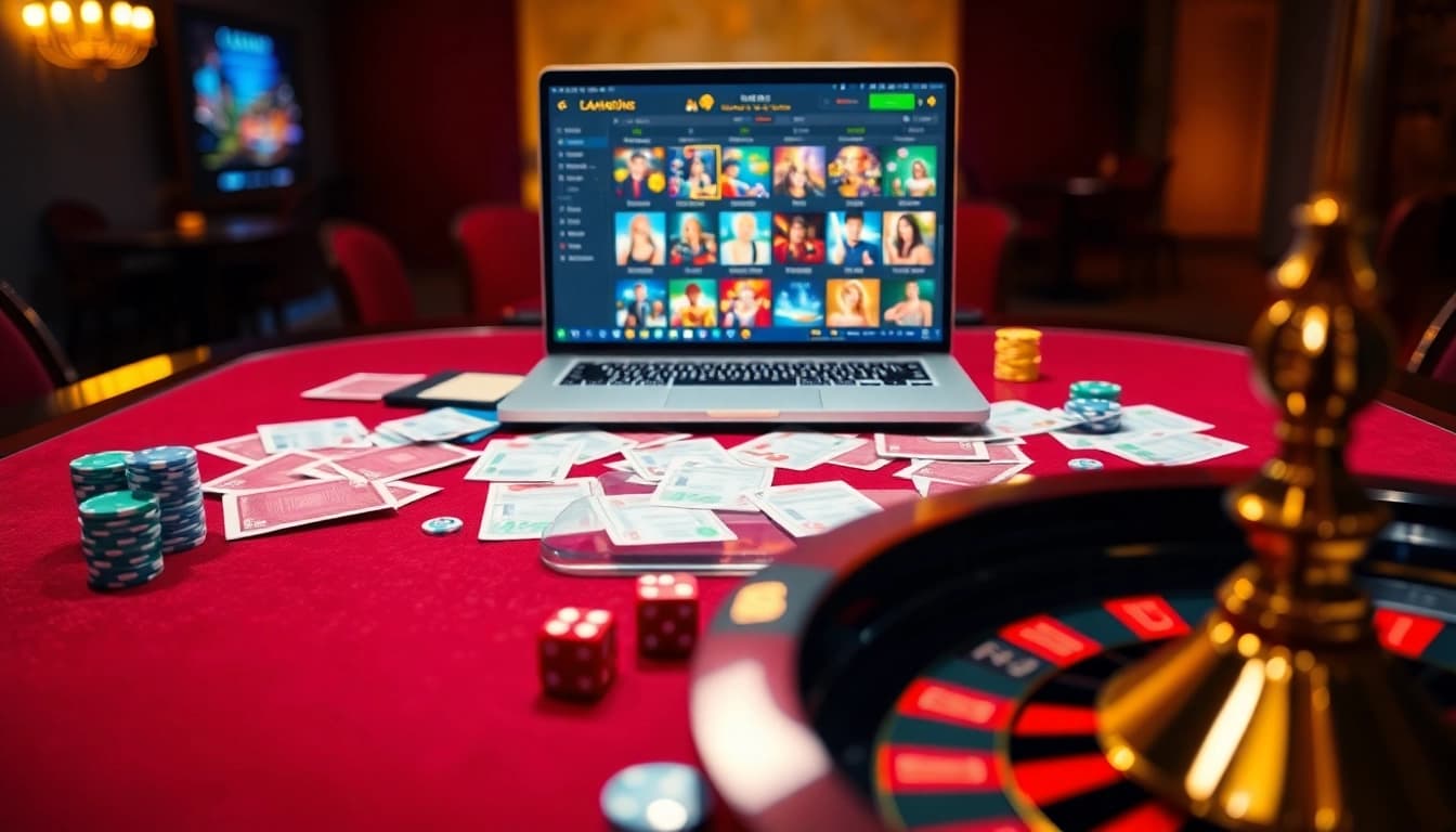 Lô Đề Trực Tuyến action with vibrant casino table, poker chips, and an online gambling laptop.