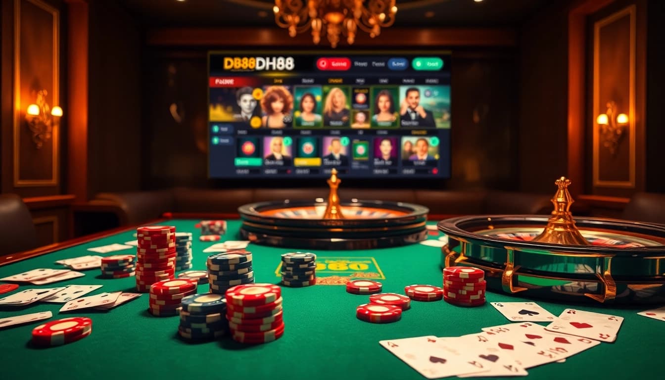 Experience thrilling gameplay at nhà cái dh88 with vibrant casino elements like poker chips and roulette.