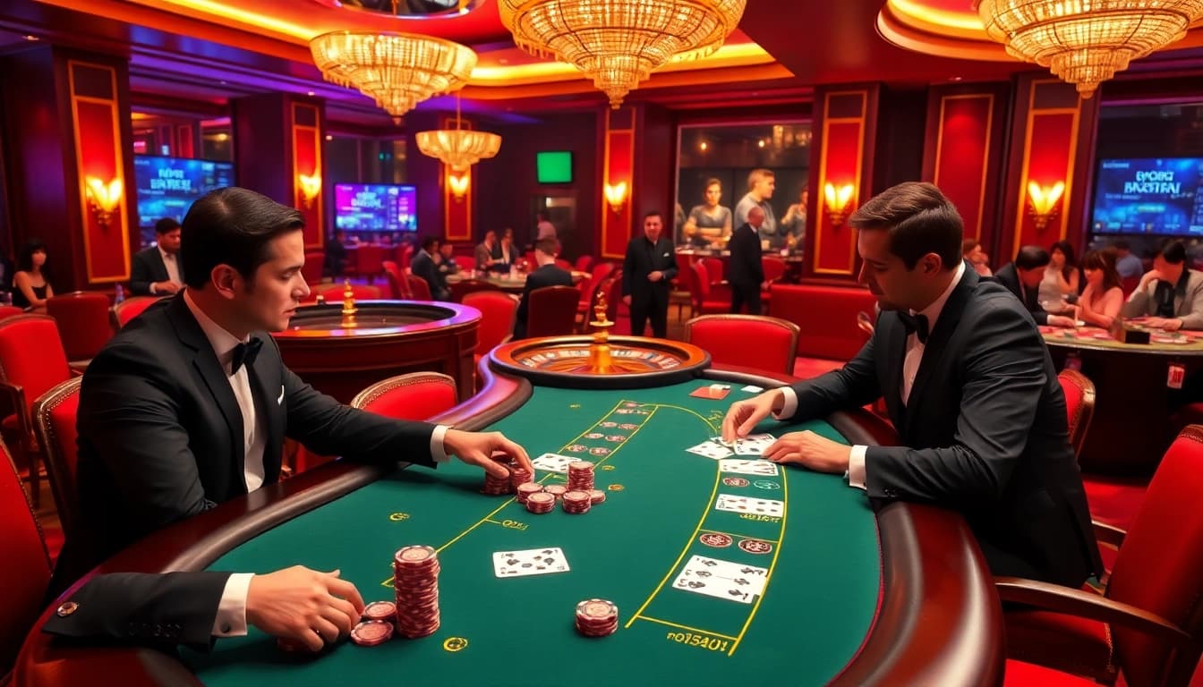 Engage with bongdalu-themed casino excitement at a high-stakes poker game, featuring vibrant colors and luxurious atmosphere.