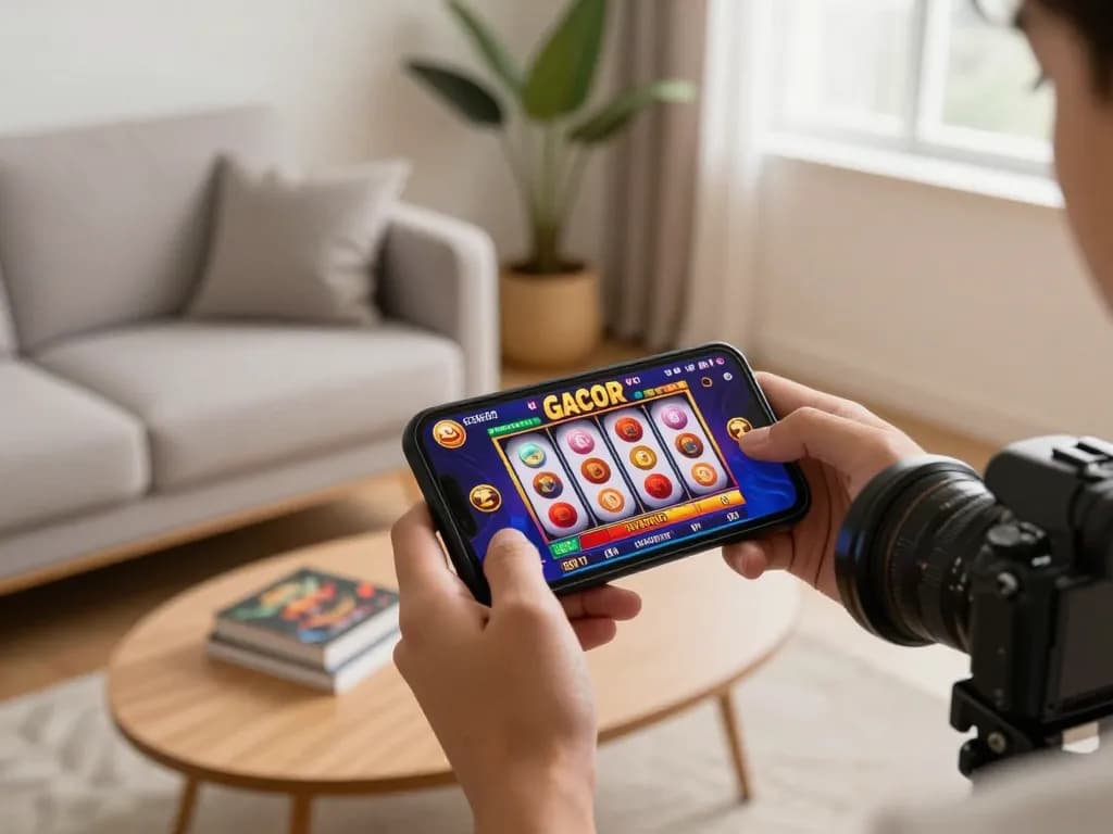 Player enjoying a thrilling slot gacor game on a smartphone in a cozy home setting, capturing the excitement of online gaming.