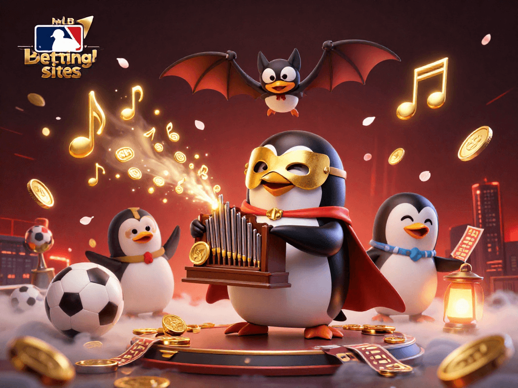 Experience thrilling MLB betting sites with a whimsical penguin playing a golden-organ amidst sports scenes.