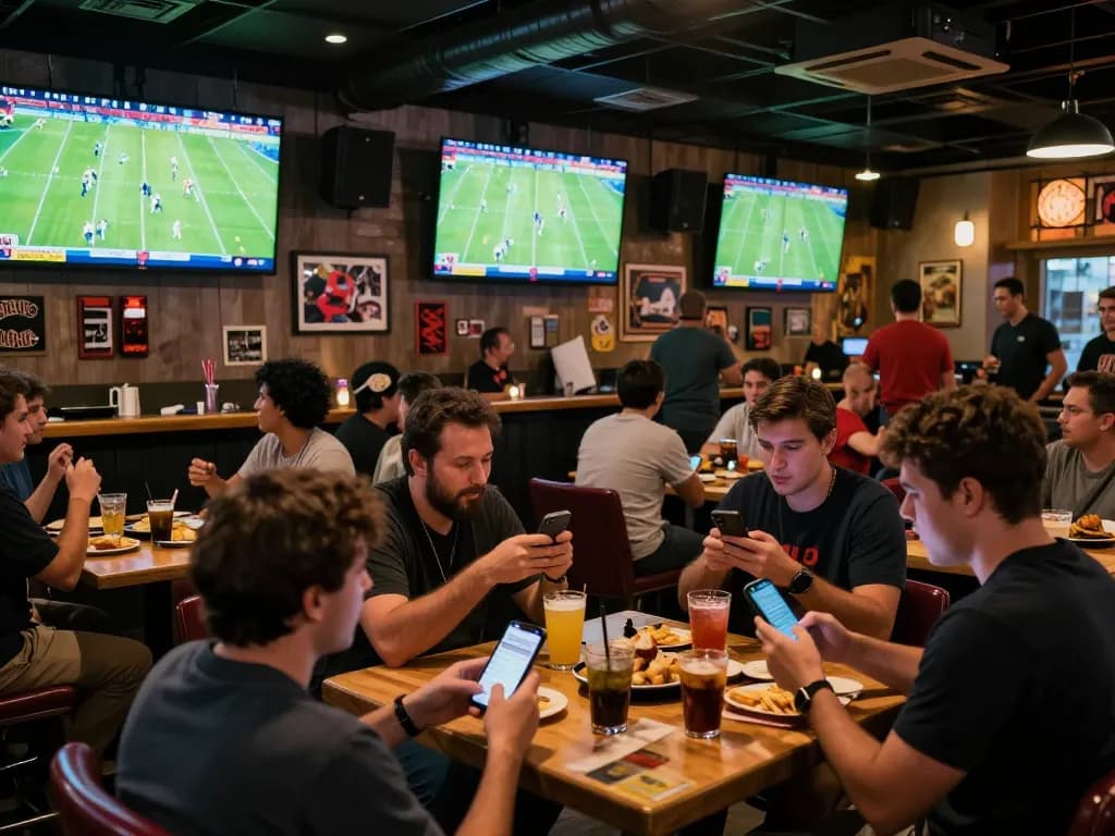 Soi Kèo sports bettors engaging in live betting while watching matches at an upscale sports bar.
