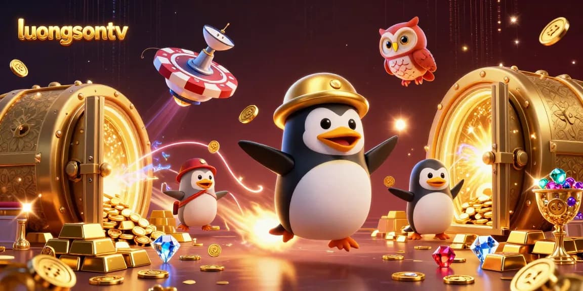 Experience thrilling gameplay with luongsontv as a golden penguin flies to a vibrant casino space station.