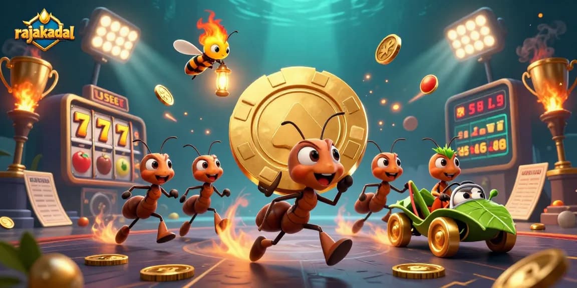 Ant tim 3D rajakadal mencuri chip poker emas besar sambil dikelilingi simbol kasino.