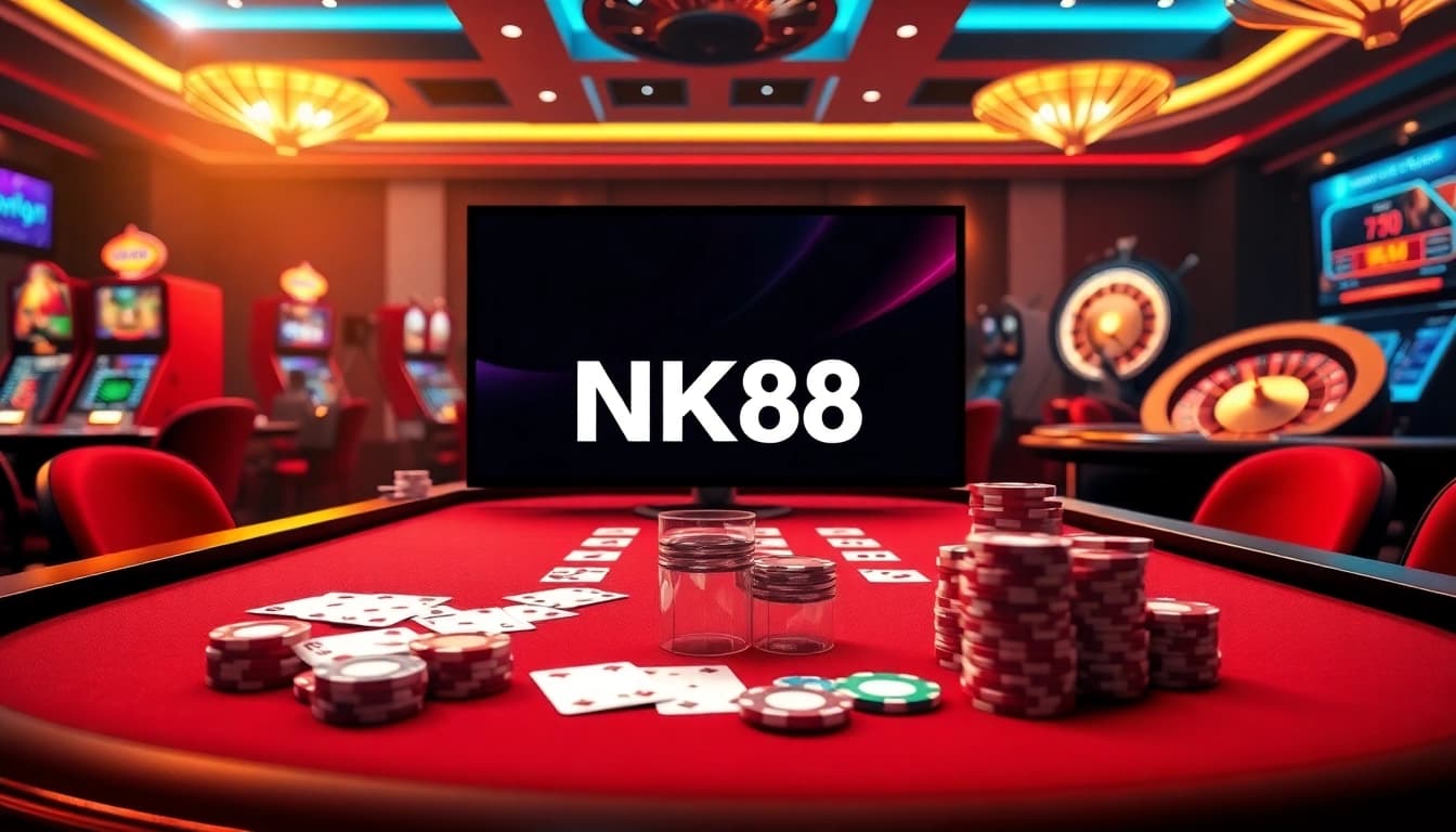 Engaging online gambling scene with NK88, showcasing luxurious casino elements and vibrant colors.
