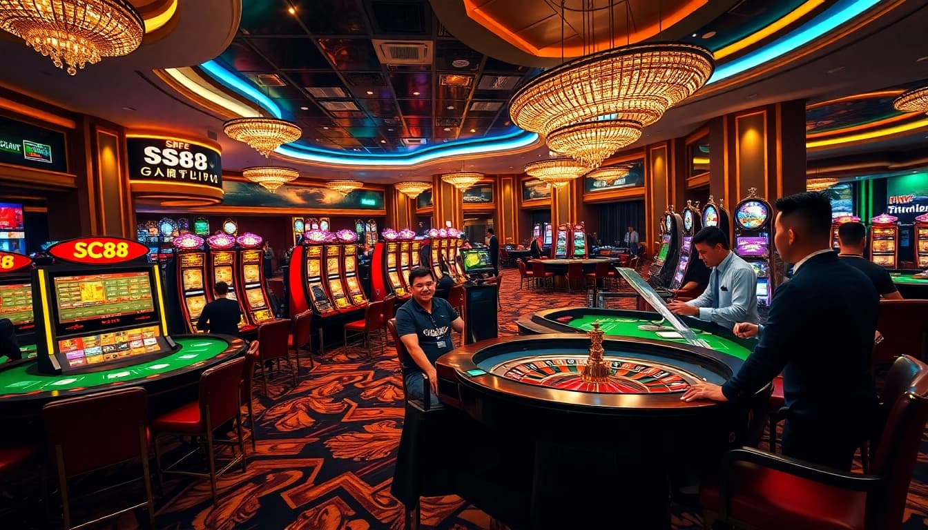 Experience the excitement of Thương Hiệu SC88 with vibrant casino elements and professional gaming atmosphere.