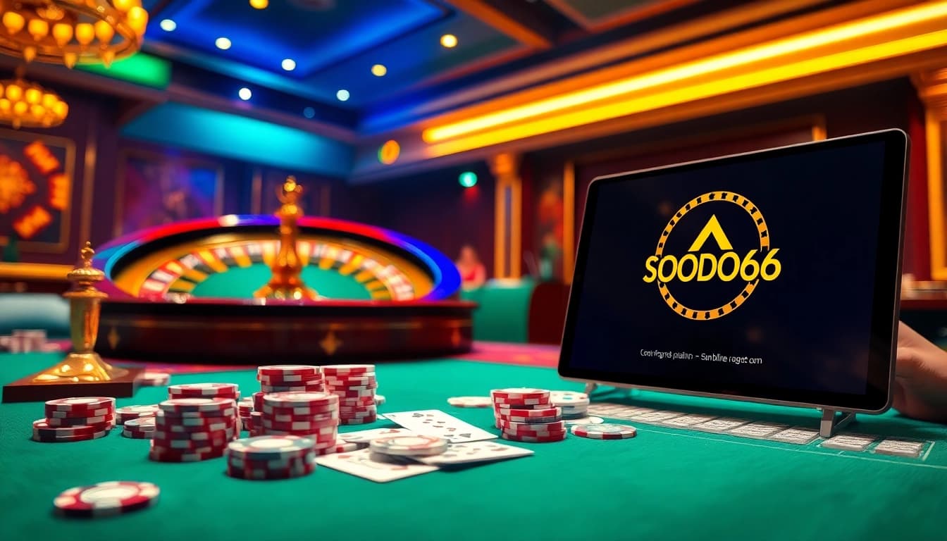 Engaged players enjoying a thrilling game at SODO66 casino table with vibrant decor.