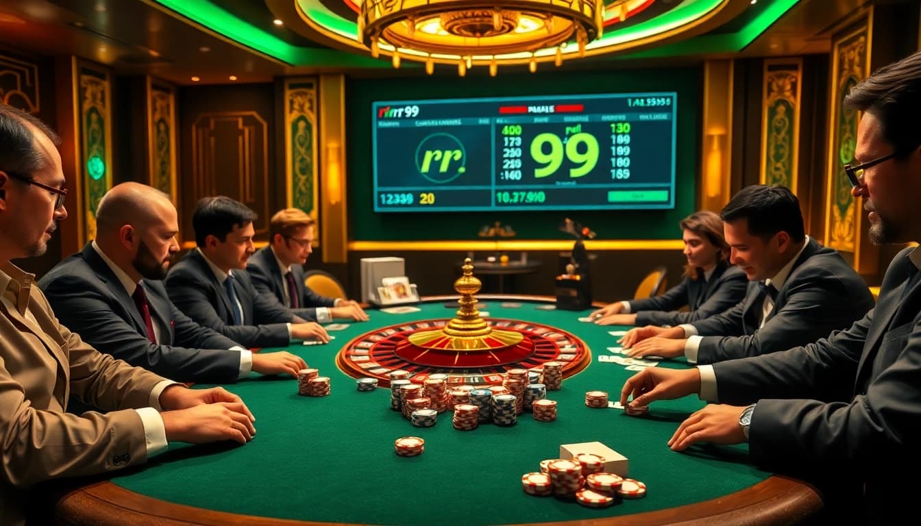 Engaging poker game at a casino table featuring rr 99 betting odds for strategic players.