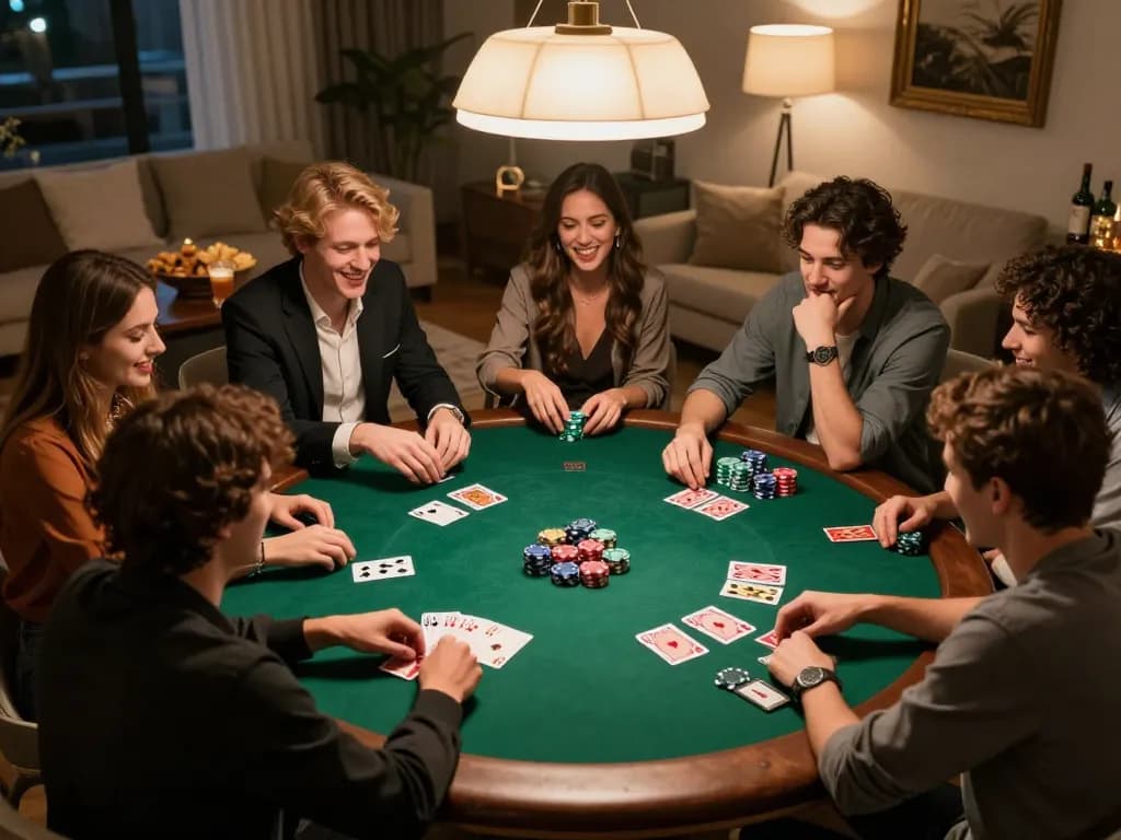 Pemain situs togel terlibat dalam permainan poker yang meriah dengan chip dan kartu di meja rumah yang elegan.