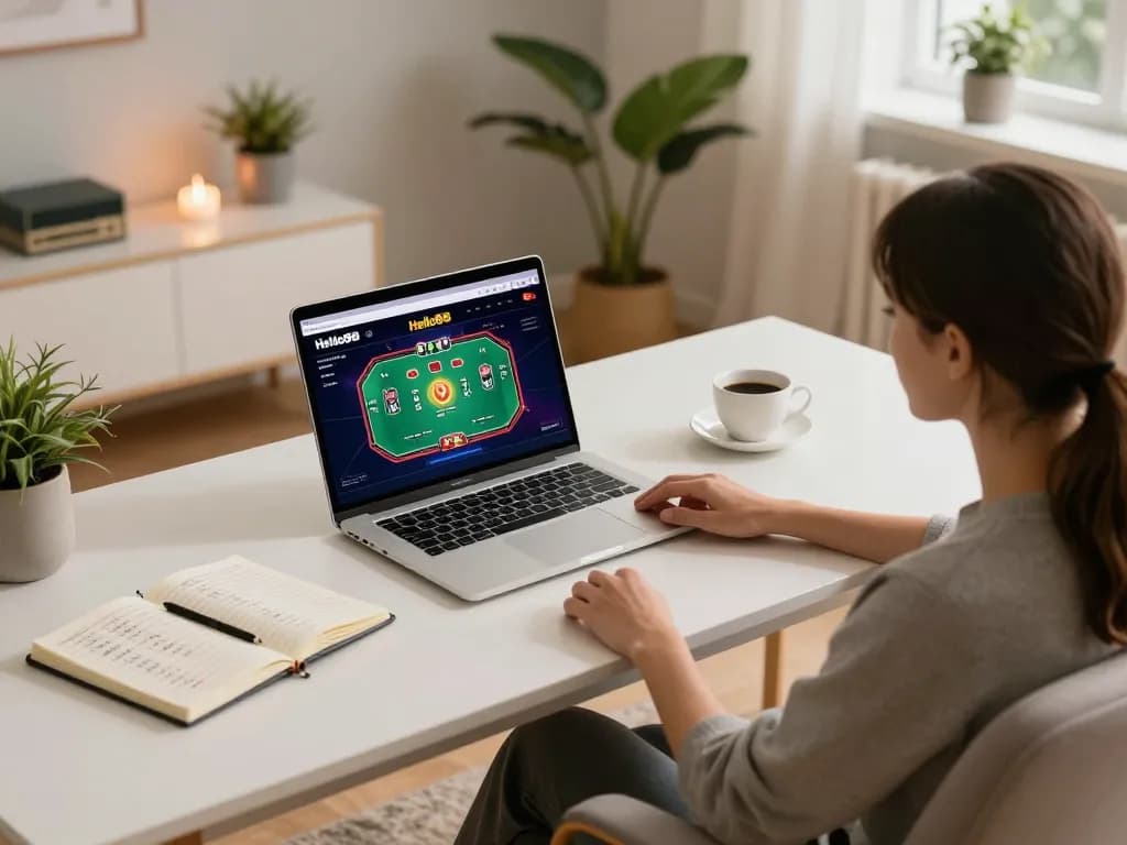 Hello88's engaging online poker gaming experience in a stylish home setup