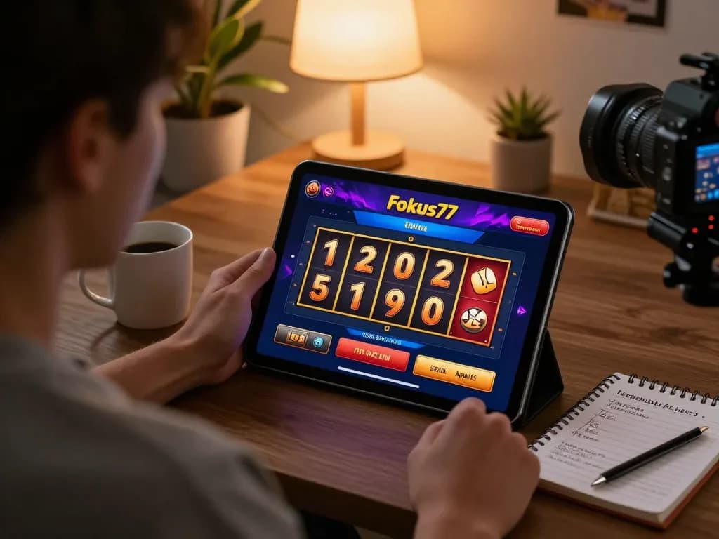 Engaging with the Fokus77 online casino platform during a cozy home evening.
