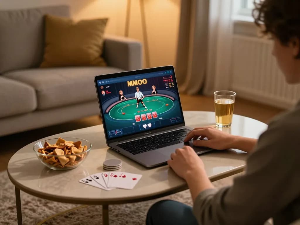 Playing poker on MMOO's online platform in a cozy home environment with personalized decor.