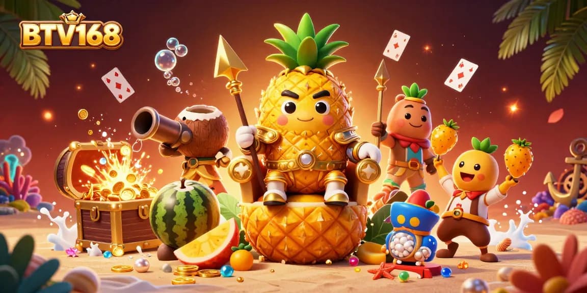 BTV168 showcases a vibrant casino scene with a golden pineapple king, rich game elements, and dynamic energy.