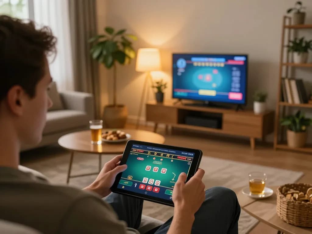 Player enjoying online nk88 casino game on tablet in cozy living room setting