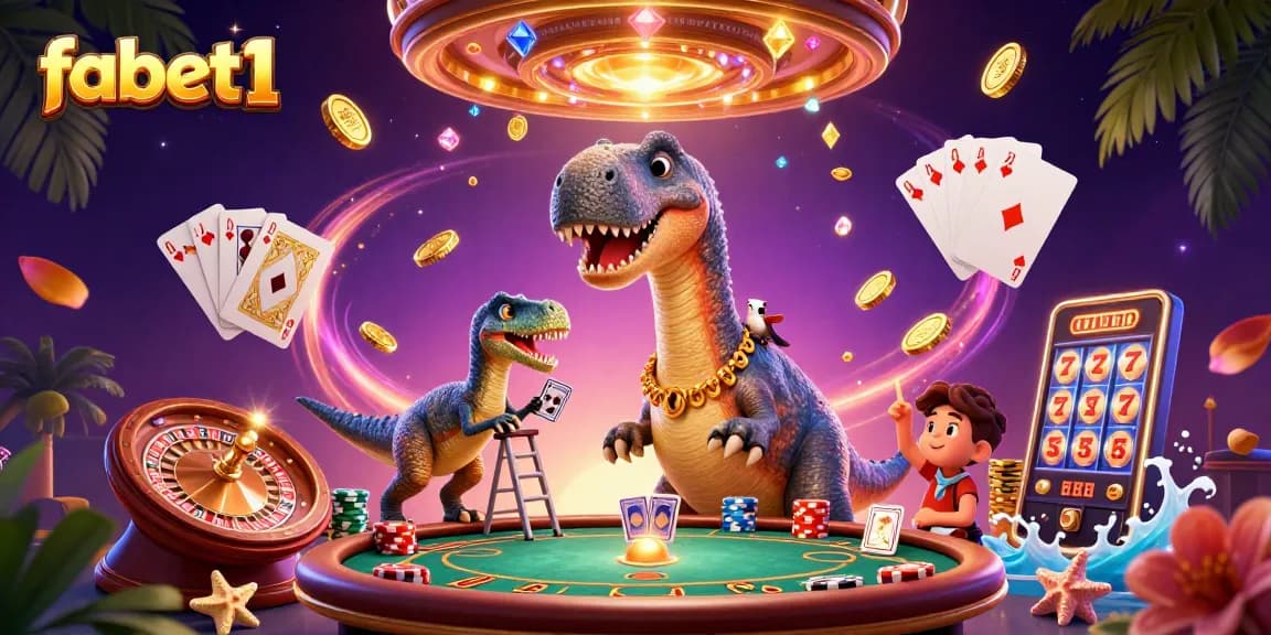 Experience fabet1 with a colossal brontosaurus overseeing a lively poker game filled with excitement.