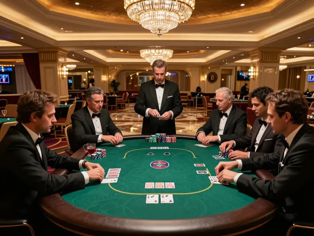 B52 poker game in upscale casino with focused players and elegant atmosphere.