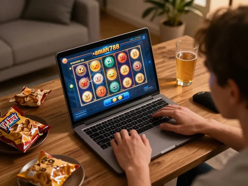 Engaging with aman788 slot game on laptop, showcasing exciting gameplay experience.