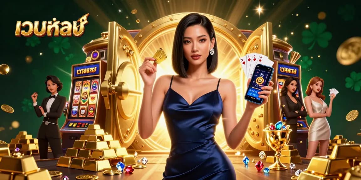 Experience เว็บตรง with an elegant Asian woman showcasing a casino smartphone, surrounded by treasures.