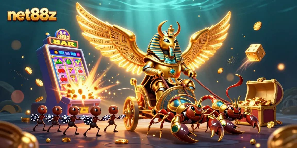 Experience net88z's vibrant casino scene featuring a golden scarab and scorpions amidst bursting slot machines.