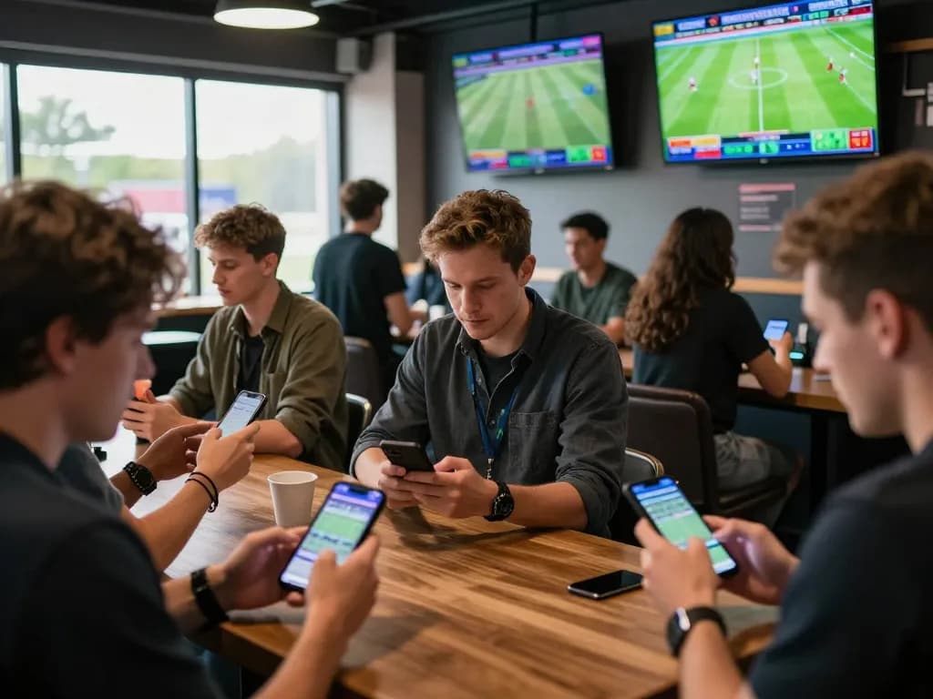 Soi Kèo enthusiasts actively engaging in sports betting at a lively lounge, checking real-time odds.