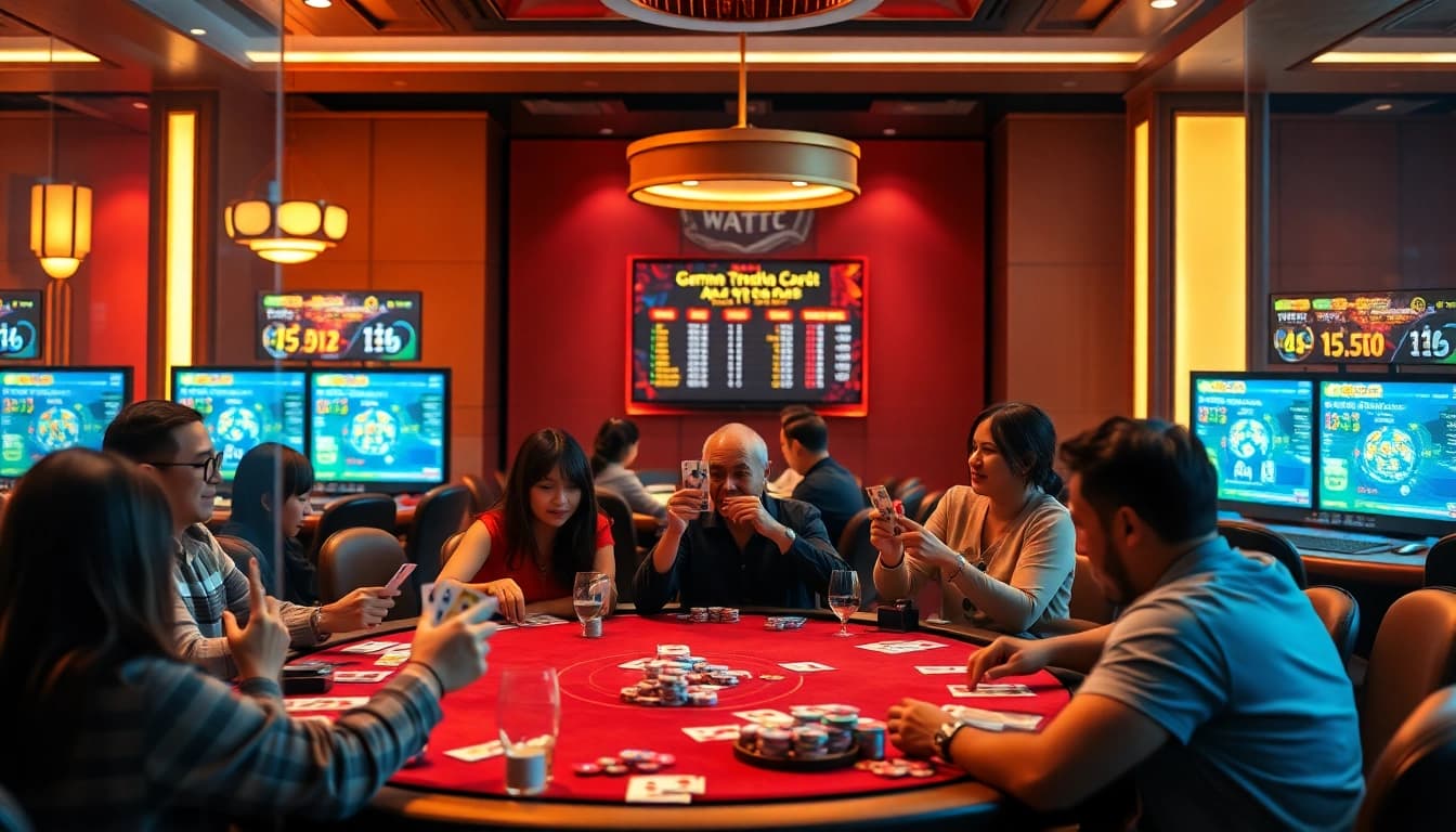 Experience the excitement of Game bài Nhatvip with players enjoying traditional card games in a luxurious casino setting.