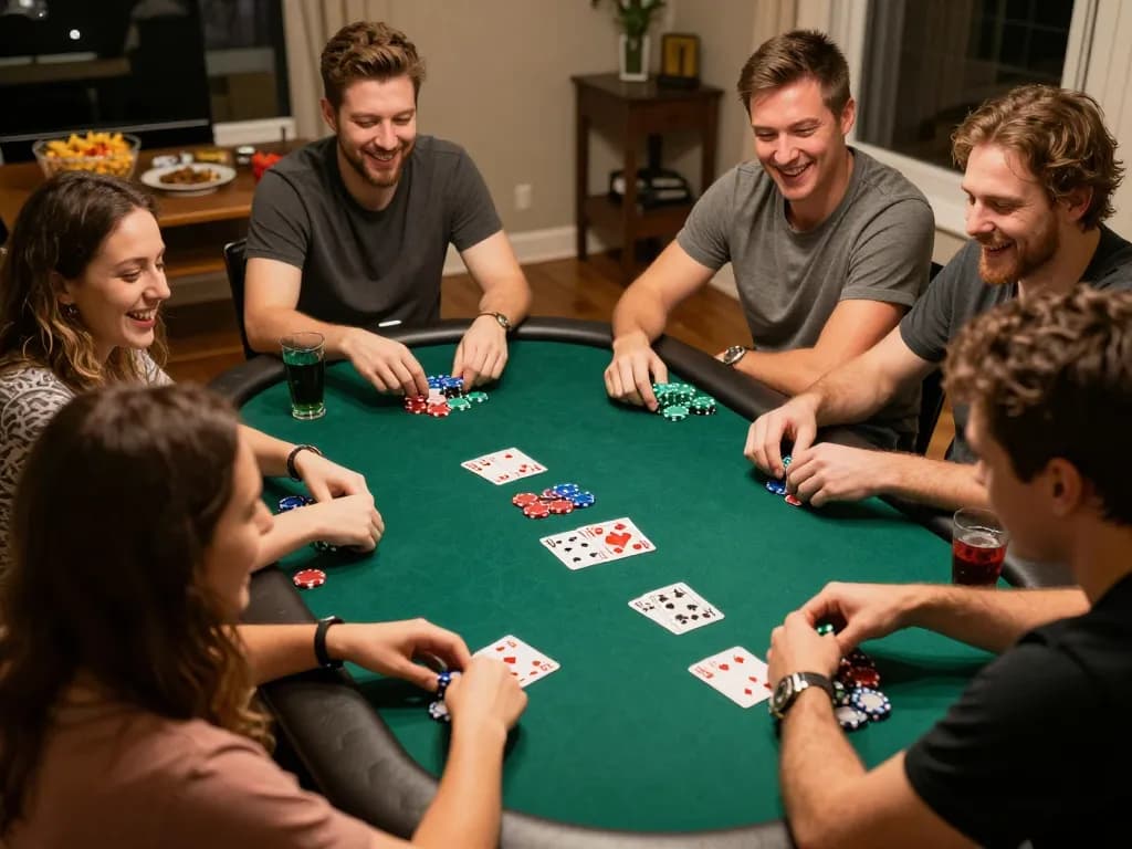 Engaging poker night scene showcasing friends enjoying competitive gameplay with megaplus88-themed chips and cards
