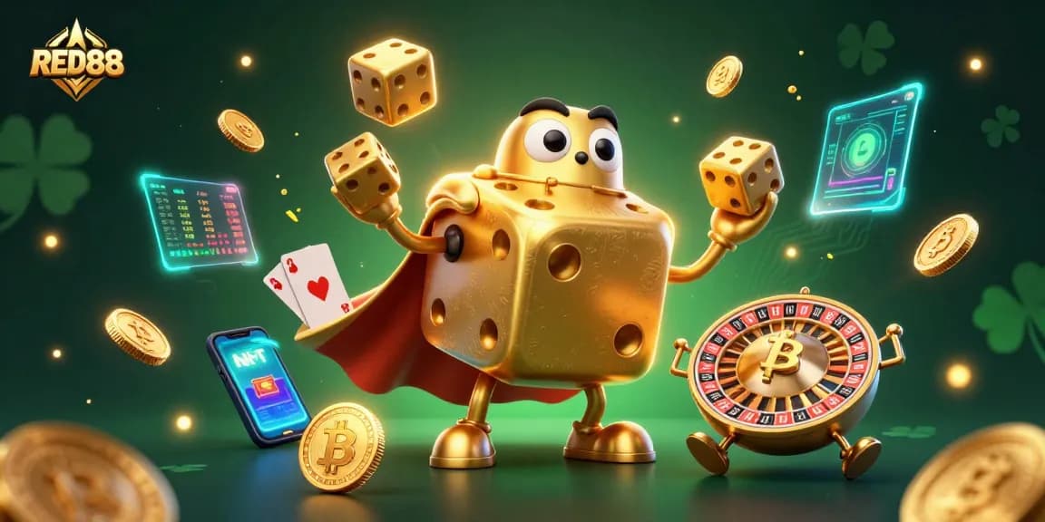 Experience winning plays with RED88 in this vibrant, action-packed illustration of a digital casino scene.