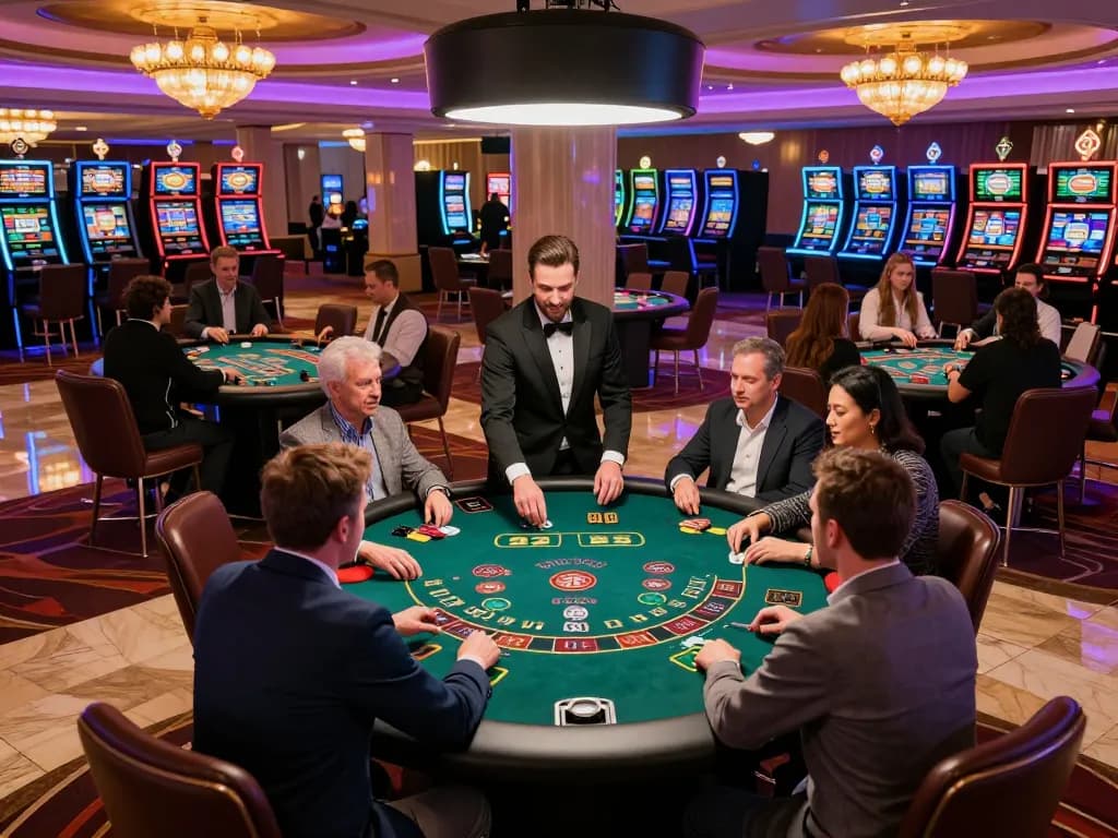 The dynamic blackjack scene at the linuxmag-france renowned casino highlights real-money gaming with excited players adjusting their bets.