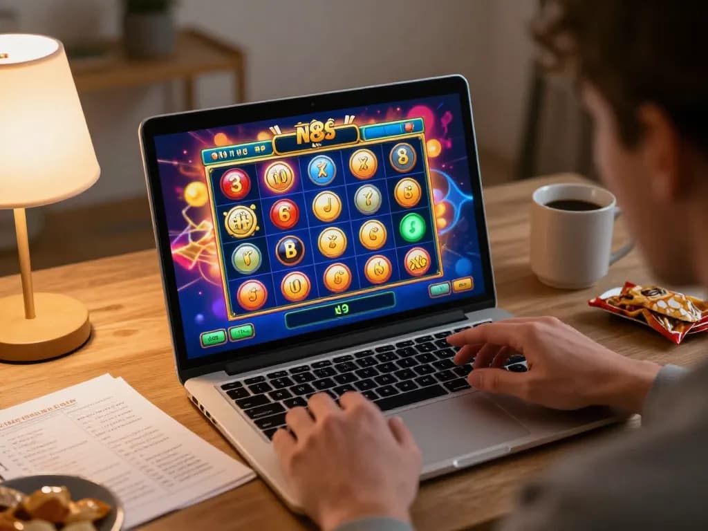 Engaging player experiencing nk88 nổ hũ on a laptop, showcasing the excitement of online gaming.