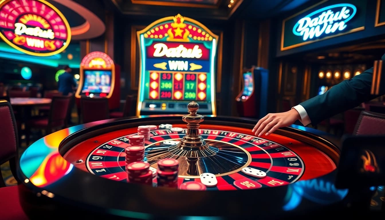 Rasakan permainan yang mendebarkan di kasino mewah di mana Datuk Win mendominasi suasana dengan rolet berwarna-warni dan mesin slot.
