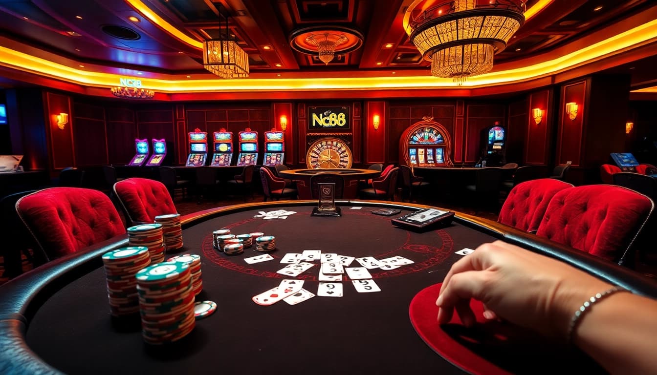 Experience excitement with Nc88 in a vibrant high-stakes poker scene featuring luxury casino elements.