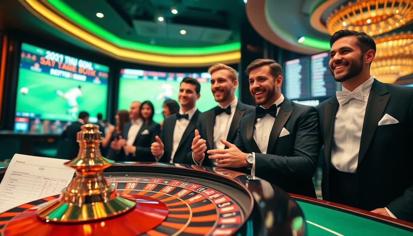Experience Taruhan Bola excitement in a lavish sportsbook scene with vibrant betting slips and enthusiastic players.