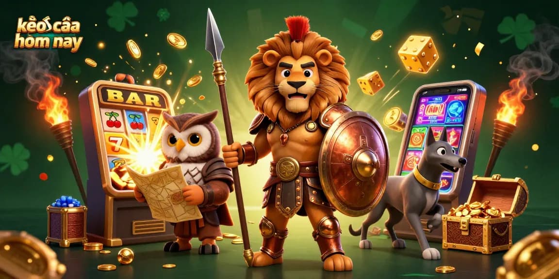 Engage with the action of kèo nhà cái hôm nay; 3D characters surrounded by jackpot slots and gaming symbols.