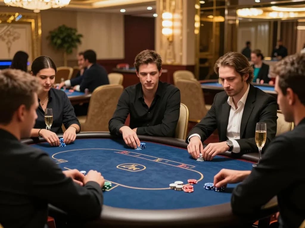 Players strategizing in a luxurious MM 99 poker game at a high-end casino with champagne in view.