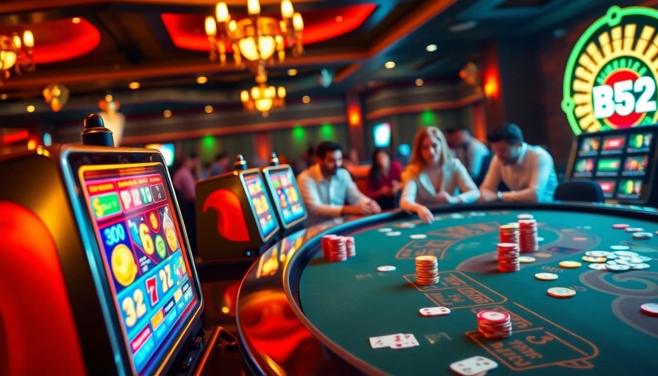 Exciting B52 game being played in a luxury casino with vibrant slot machines and poker action.