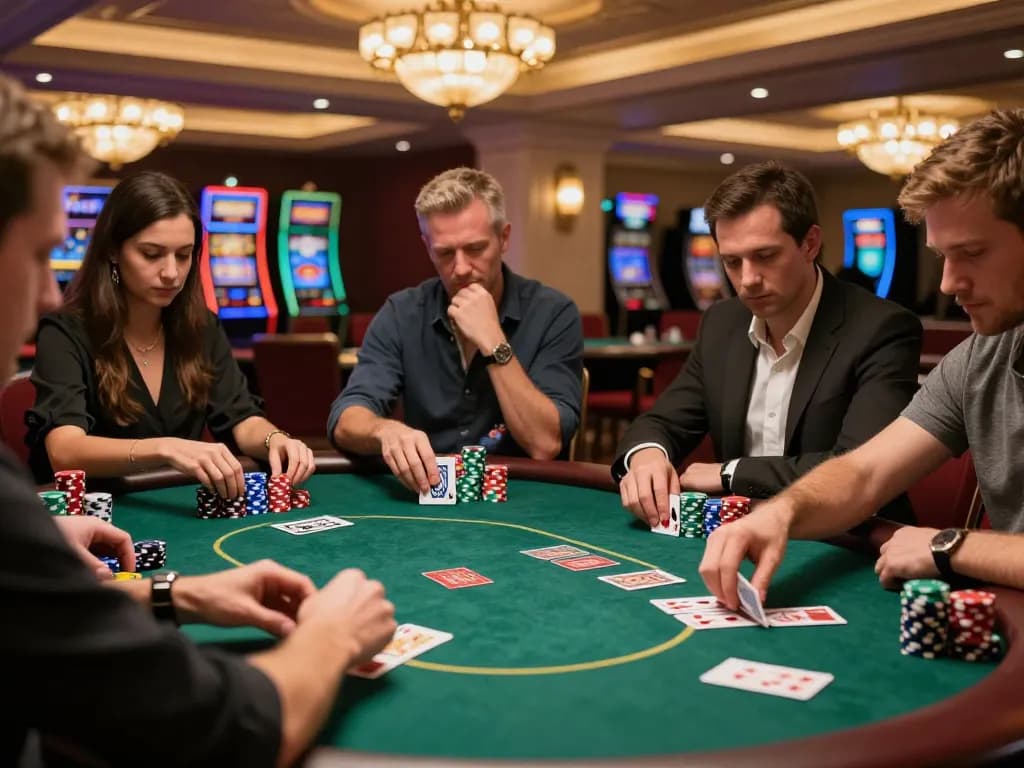 Players experiencing an exciting poker night at 68win, with vibrant chips and strategic gameplay under warm casino lighting