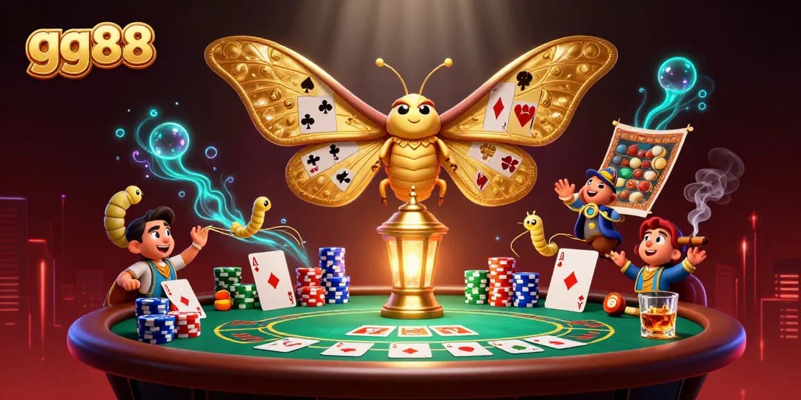 Engage with the colorful gg88 casino scene showing golden moths and vibrant poker action.