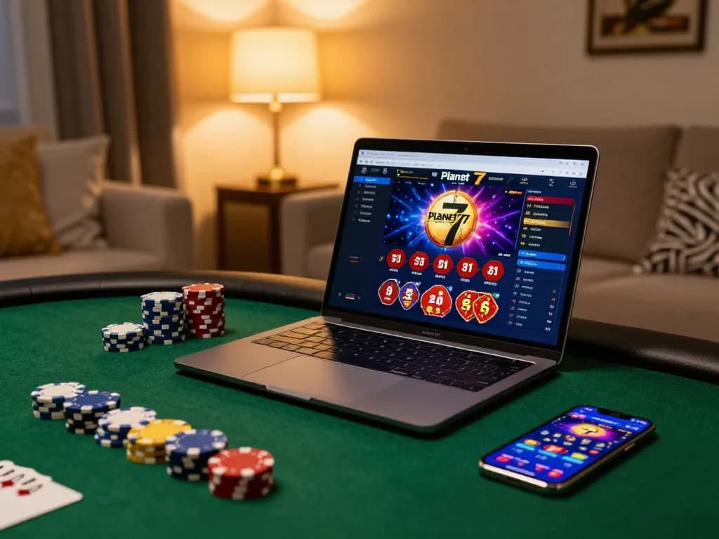 Sesi permainan online yang menarik dengan antarmuka Planet 77, menampilkan taruhan strategis dan chip poker berwarna-warni.
