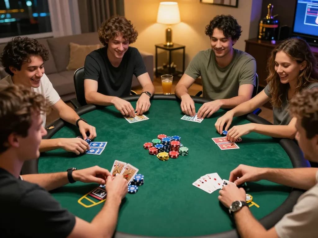 Iwin poker night showing friends engaging in a lively card game with colorful chips and warm atmosphere.