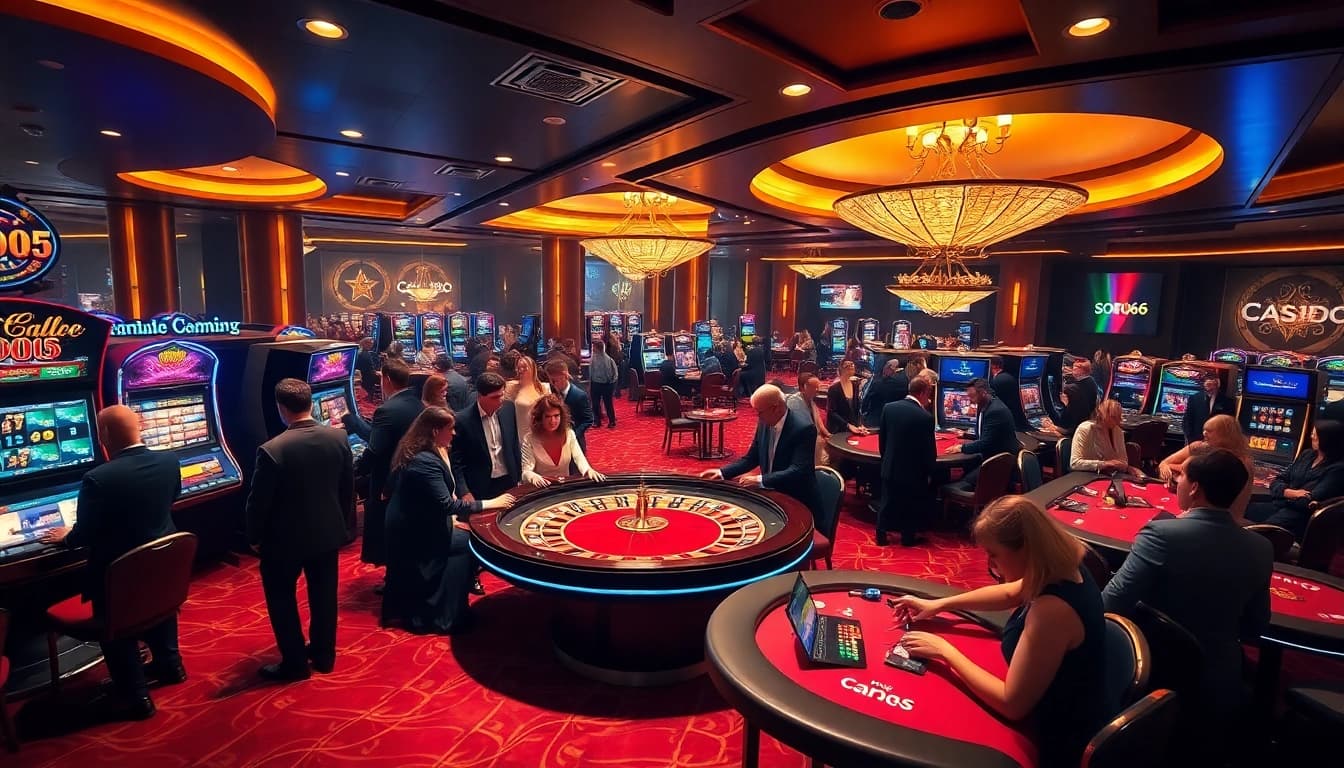 SODO66 players enjoying vibrant casino action at roulette and poker tables.