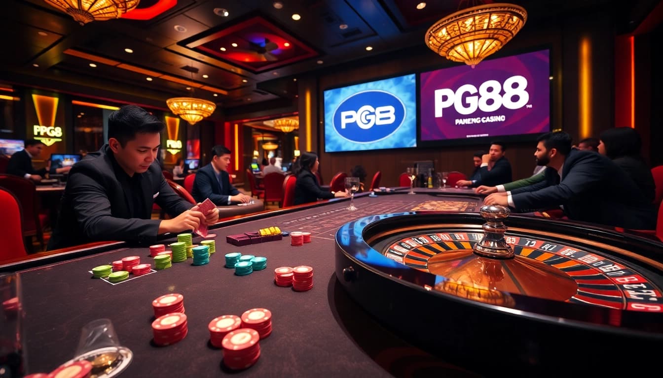PG88 online casino table with vibrant poker chips and a roulette wheel, creating an exciting atmosphere.