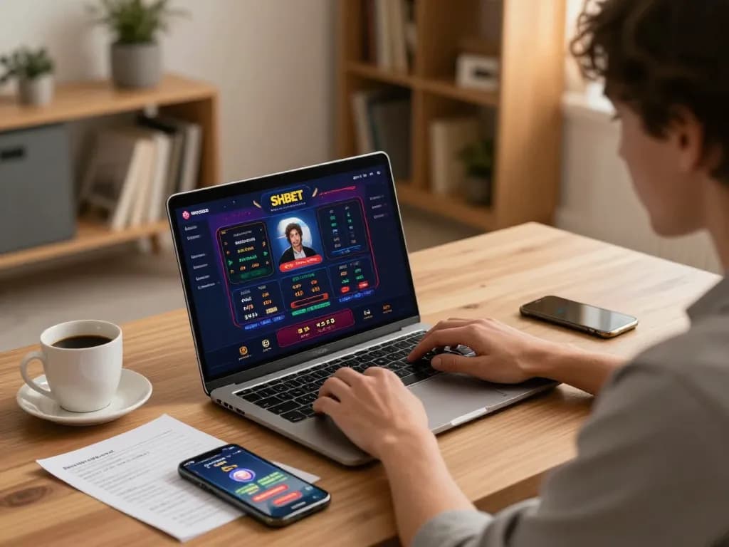 Engaging in strategic online gaming on SHBET, showcasing a focused player at home with casino elements.