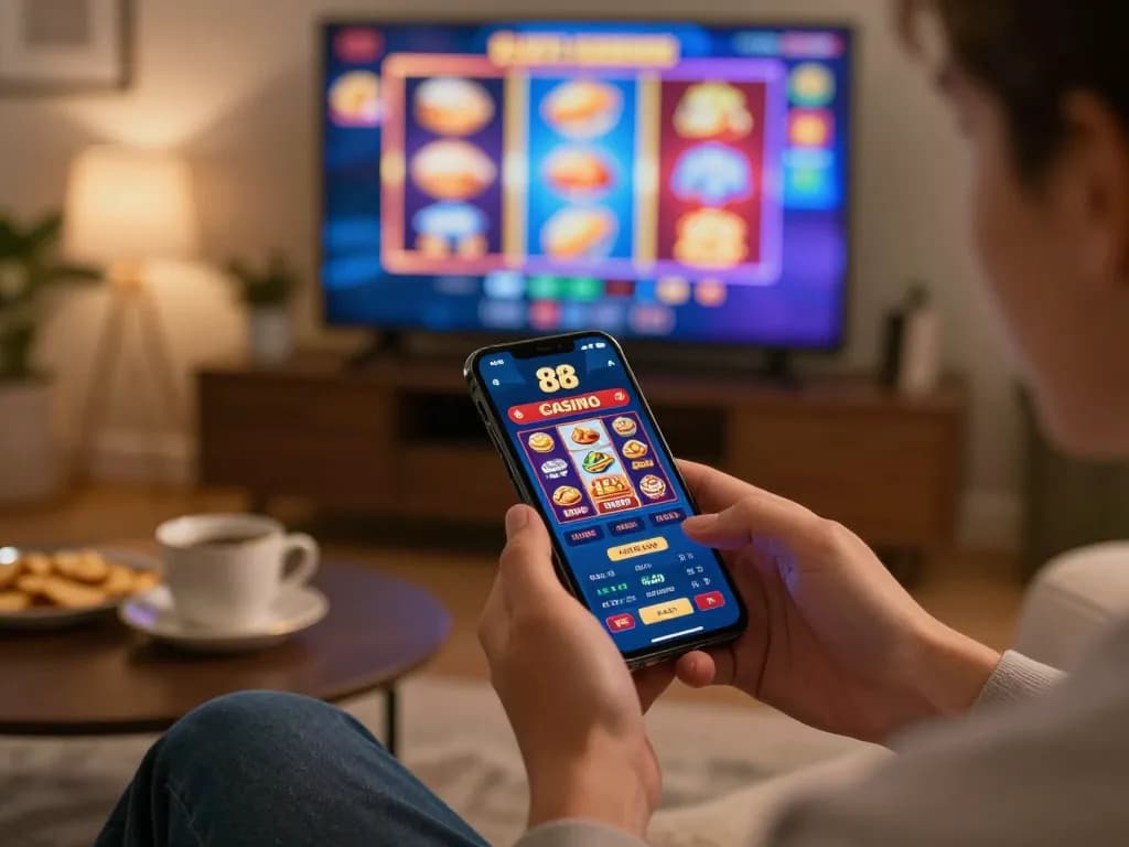 Engaging with the open 88 casino app for strategic gameplay on a smartphone in a cozy living room.