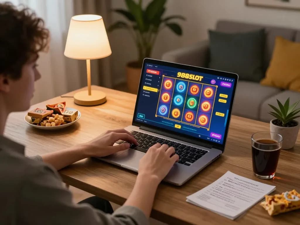 Engaging gameplay on 988slot from a cozy home setup with colorful slot reels.