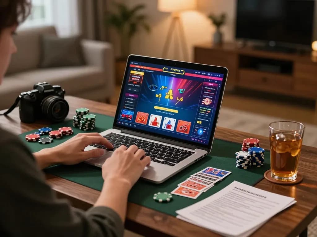 Engaged player using a laptop for online Kasino gaming with chips and a cozy setup.