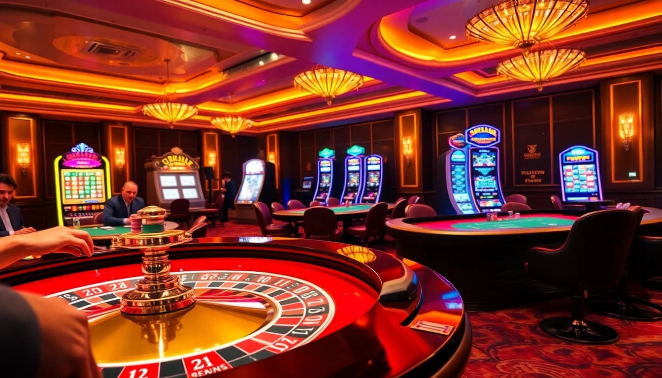 Experience tg88 đăng nhập excitement at a luxurious casino with vibrant roulette and slot machines.