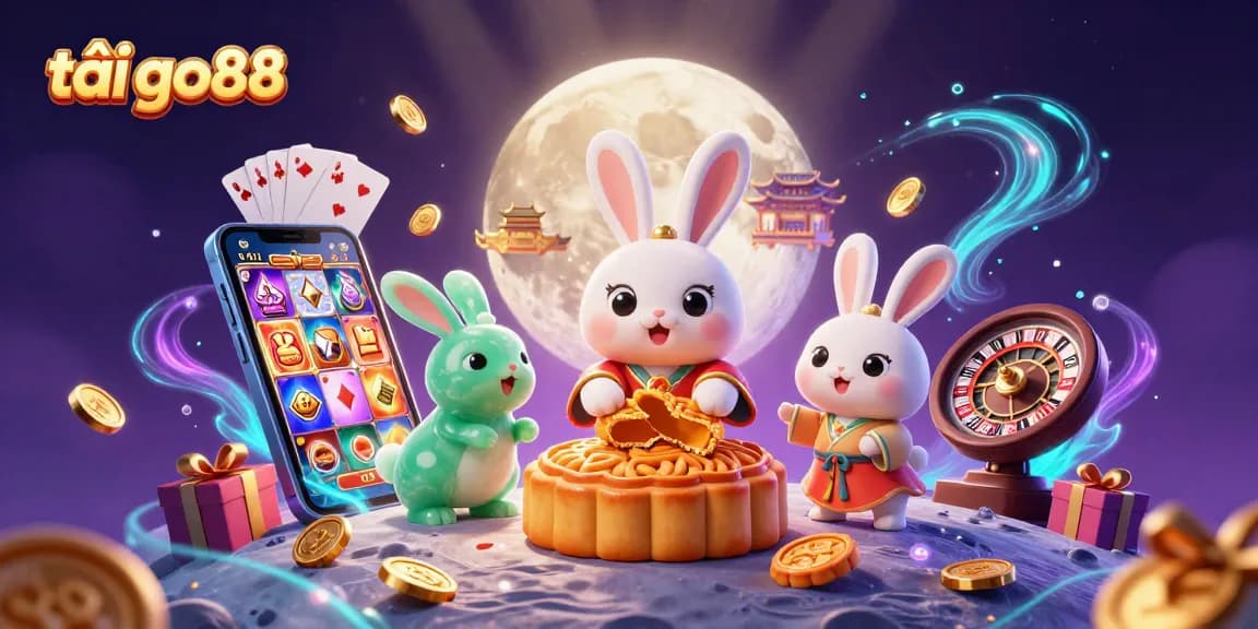 Engage with tải go88 in a colorful 3D casino scene featuring a moon rabbit and slot games.