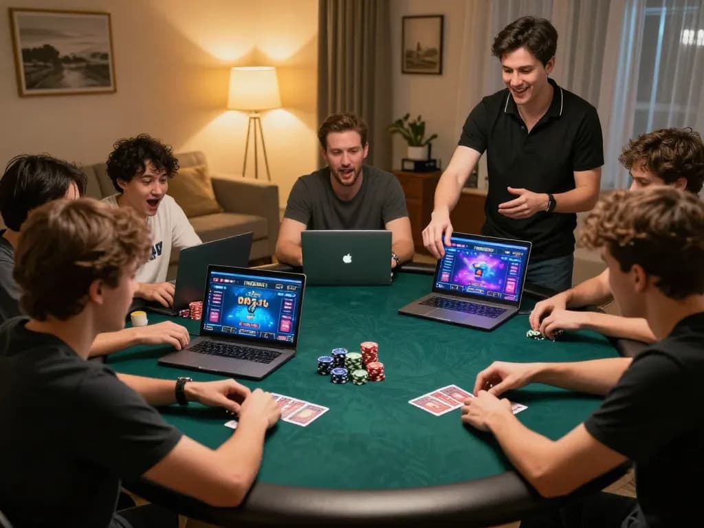 F8BET online poker players enjoying an exciting hand with vibrant graphics on laptops.